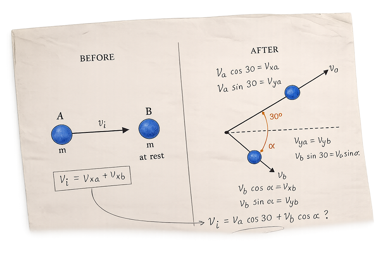 A stylized notebook sheet showing an equal-mass scattering problem before and after collision. Body A initially moves toward body B at rest; afterward the bodies leave along two angled paths, with one angle marked 30 degrees and the other left as an unknown.